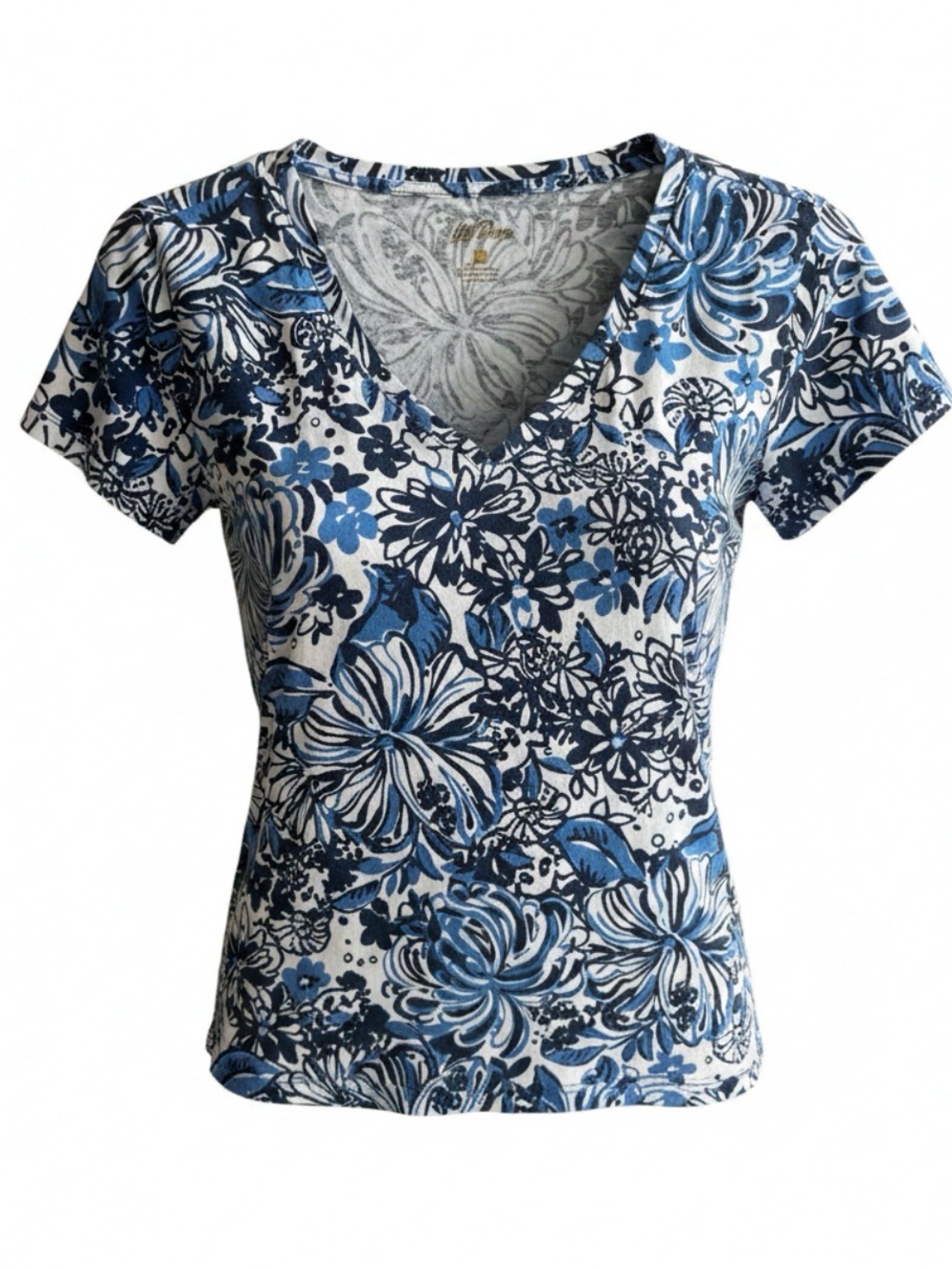 Lilly Pulitzer S Women's Blue Floral V-Neck Tee